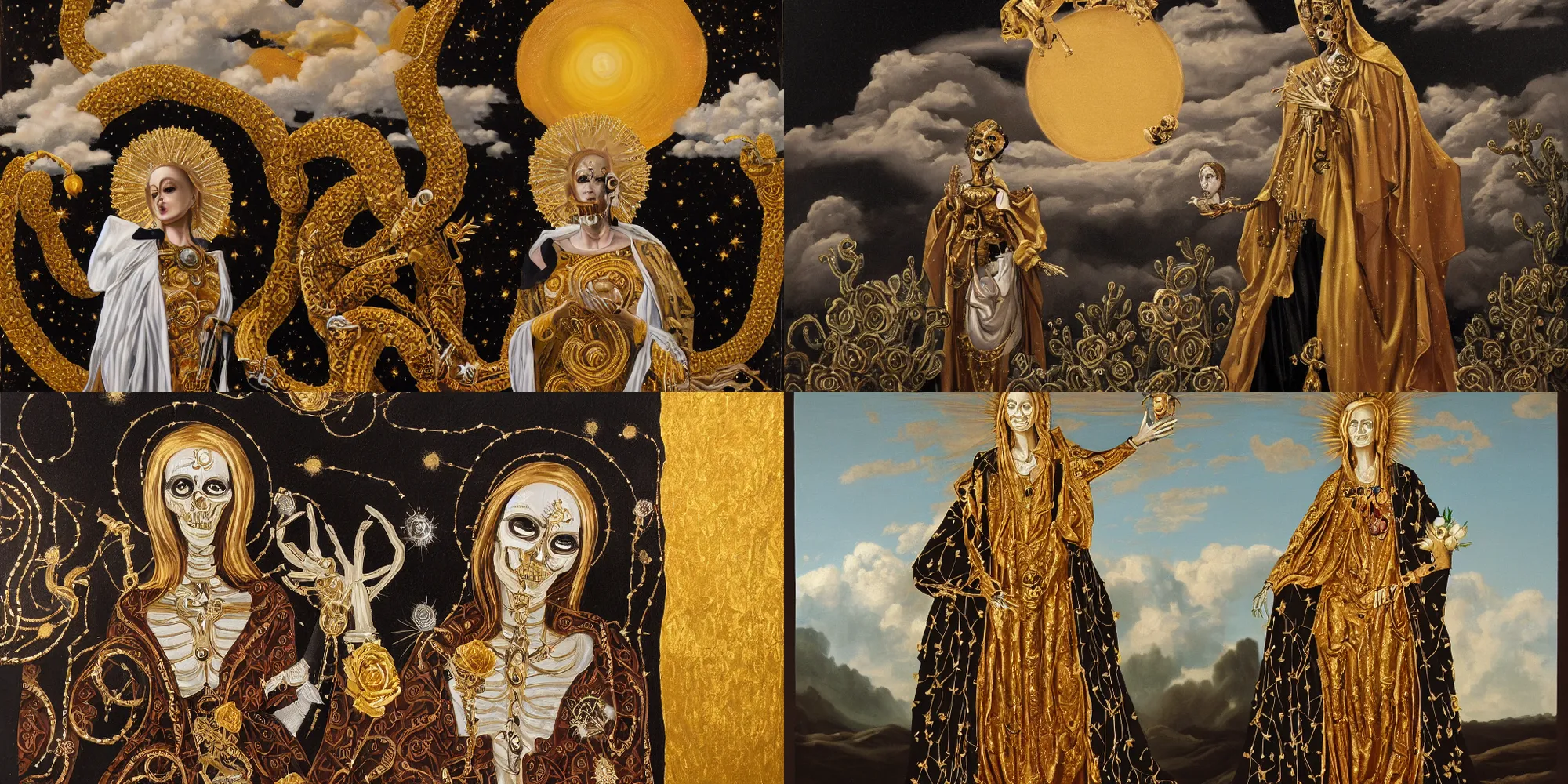 Prompt: oil painted golden metalic woman with metalic gold skeleton face, wearing white and black virgin mary robe with an aureola made of gold, cactus and pearls over the head, holding a rose in a hand, with warm backlight behind a whirlpool of clouds forming acircular background. sunset light. beneath there's a barren land with serpents. apocalyptic. low angle.