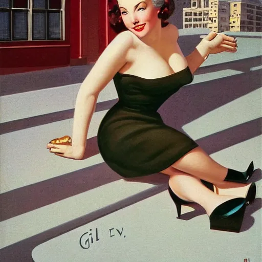 Prompt: woman, city, street, kitten heel, buildings, by gil elvgren, olivia