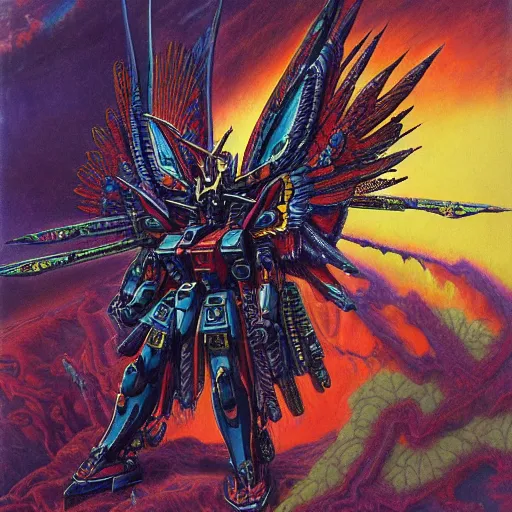 Prompt: gundam garuda colourful ornate, greg hildebrandt, donato giancola, larry elmore, arthur rackham, beksinski, 8 k