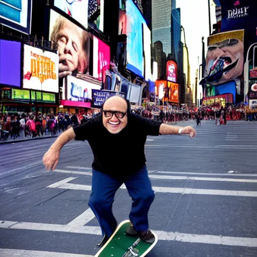 Prompt: photograph of danny devito skateboarding in times square, detailed face