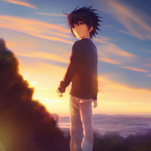 Image similar to anime boy watching sunset, hyperrealistic, hyperdetalied, high quality, 8 k, high rendering, photorealistic, cinematic, cgsociety, artstation,