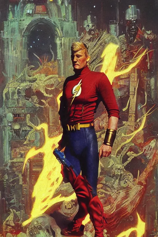 Prompt: pulp scifi fantasy illustration full body portrait of flash gordon in mingo city, by norman rockwell, jack kirby, bergey, craig mullins, ruan jia, jeremy mann, tom lovell, 5 0 s, astounding stories, fantasy