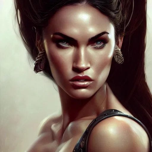 Image similar to portrait of megan fox, muscular upper body, bikini, fantasy, intricate, elegant, highly detailed, digital painting, artstation, concept art, matte, sharp focus, illustration, art by aenaluck and roberto ferri and greg rutkowski, epic fantasy, digital painting