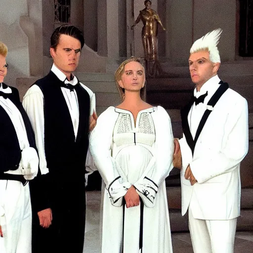 Image similar to heroic square - jawed emotionless serious blonde woman starship engineer, tribal tattoos, handsome, short slicked - back hair, sweating, uncomfortable and anxious, wearing white and gold satin victorian gown with white feathers at opulent formal dinner, looking distracted, awkward, mike mignogna, david mack