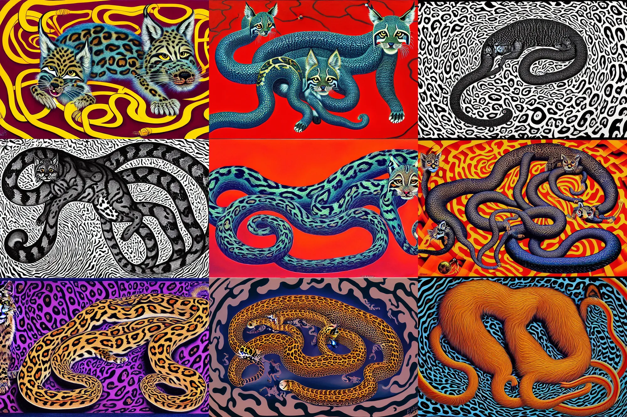 Prompt: a detailed painting of a magick polecat occult effigy beautiful lynx fur that is a crescent shaped leopard atomic latent snakes in between autobiological cybernetic ferret resurgence of snake phonkadelic ferret in the style of escher, alex grey, kubrick inspired by realism, symbolism, magical realism and dark fantasy, clear, crisp, vivid color scheme,