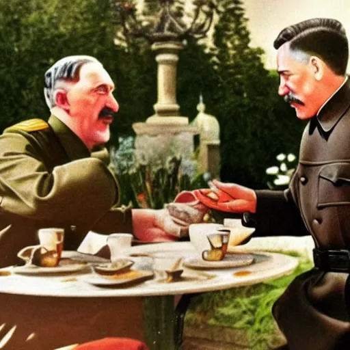 Prompt: god and the holy spirit conversing with hitler and stalin over coffee in a versailles garden