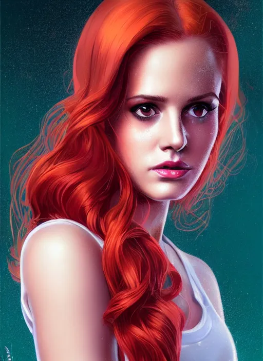 Image similar to full body portrait of teenage cheryl blossom, bangs, green eyes, mischievous expression, red hair, sultry smirk, bangs and wavy hair, intricate, elegant, glowing lights, highly detailed, digital painting, artstation, concept art, smooth, sharp focus, illustration, art by wlop, mars ravelo and greg rutkowski