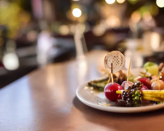 Prompt: 8 5 mm food photography of eyeballs on a skewer at a restaurant with dof and bokeh and wine glasses out of focus in the background. highly detailed 8 k. intricate. lifelike. soft diffused light. nikon d 8 5 0.
