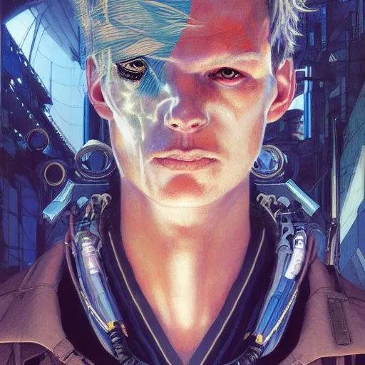 Image similar to apocalyptic cyberpunk man portrait by gaston bussierre and charles vess and james jean and erik jones and rhads, inspired by ghost in the shell, beautiful fine face features, intricate high details, sharp, ultradetailed