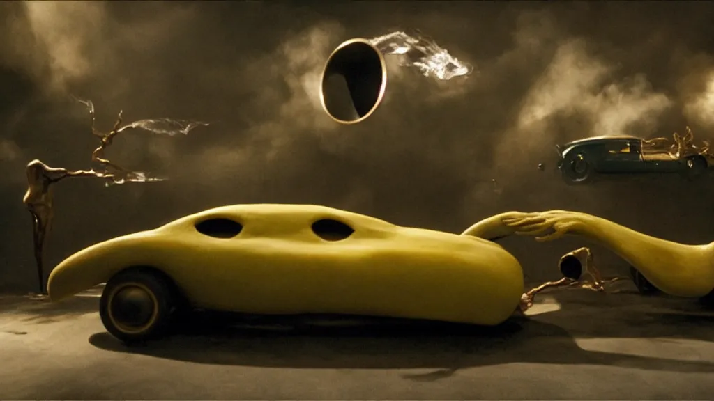 Image similar to the creature drives a hot rod, made of wax and water, film still from the movie directed by Denis Villeneuve with art direction by Salvador Dalí, wide lens