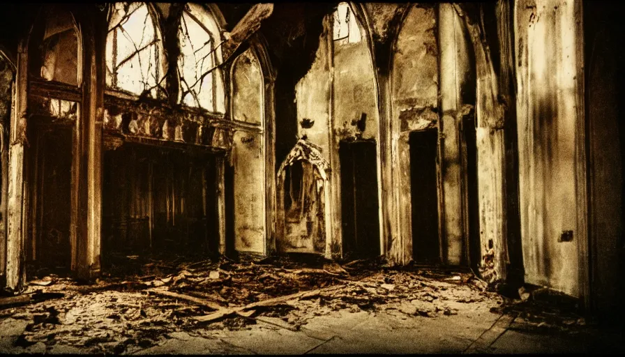 Image similar to 7 0 s film still from a horror movie about a person living in an abandoned church, kodachrome, cinecolor, cinestill, film grain, film texture, retro, cinematic, high resolution, photorealism,