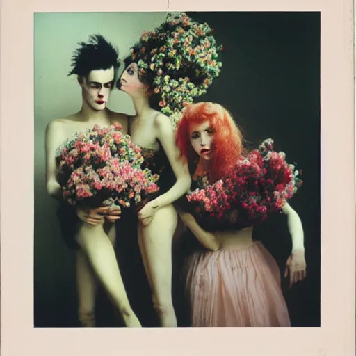Prompt: Medium shot portrait, post-punk models, wrapped in cables and flowers, dreamy autochrome pinhole photography by Barry Lyndon