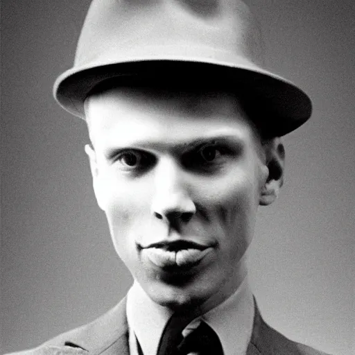 Image similar to A photograph portrait of Jerma985 wearing a suit with and fedora in the 1940s, taken in the early 1940s, grainy, taken on a 940s Kodak Camera, realistic, hyperrealistic, very realistic, highly detailed, very detailed, extremely detailed, detailed, digital art, trending on artstation