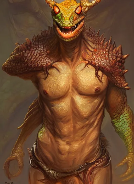 Image similar to half lizard human, ultra detailed fantasy, dndbeyond, bright, colourful, realistic, dnd character portrait, full body, pathfinder, pinterest, art by ralph horsley, dnd, rpg, lotr game design fanart by concept art, behance hd, artstation, deviantart, hdr render in unreal engine 5