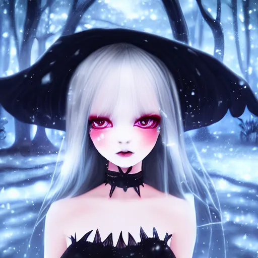 Image similar to focus portrait of beautiful darkness witch 3D anime girl, dark forest background, snowing, bokeh, inspired by Tim Burton, digital painting, unreal engine render, volumetric light, high détail