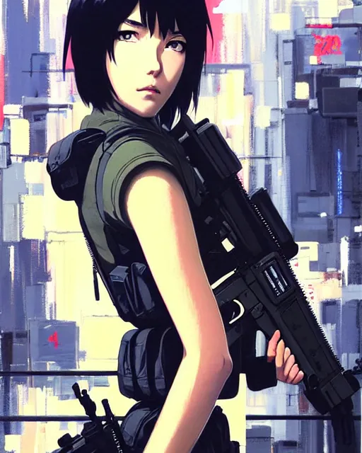 Image similar to girl wearing in tactical gear | | audrey plaza, fine detail!! anime!! realistic shaded lighting!! dramatic!! poster by ilya kuvshinov katsuhiro otomo ghost - in - the - shell, magali villeneuve, artgerm, jeremy lipkin and michael garmash and rob rey