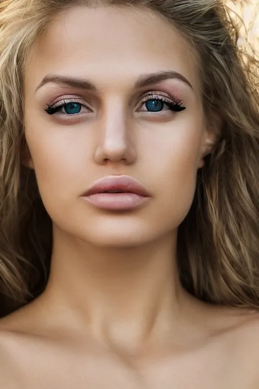 Image similar to olive skinned blonde female model in her twenties with green eyes, wearing a designer top, looking content, focused on her neck, photo realistic, extreme detail skin, natural beauty, no filter, slr, golden hour, 4 k, high definition, selfie