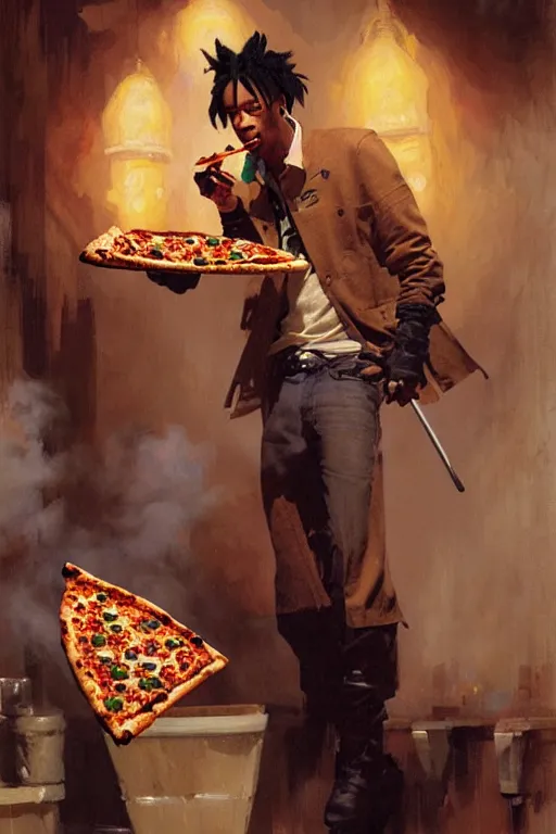 Prompt: wiz khalifa eating pizza, portrait dnd, painting by gaston bussiere, craig mullins, greg rutkowski, yoji shinkawa