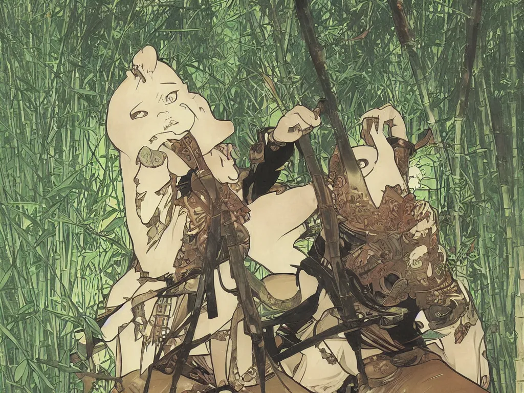 Image similar to a wandering samurai in full armor sitting in a dark bamboo forest, by fiona staples, range murata, alphonse mucha