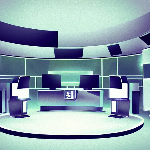 Image similar to futuristic news studio, concept art, wide lens, cinematic composition, iterior, detail