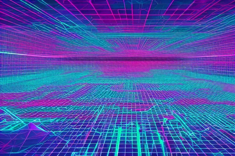 Prompt: digital cyberspace landscape, geometric grid - like terrain, analogous synthwave palette, in the style of unknown artist