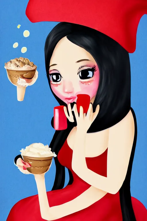 Image similar to cute girl in red dress with black hair and large beautiful eyes consuming ice cream in her bed, digital art