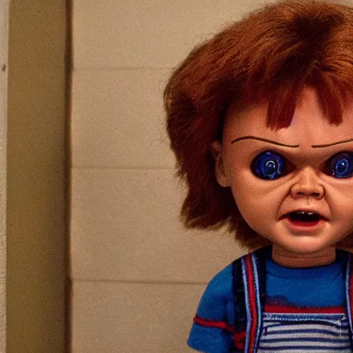 Image similar to Stranger Things episode featuring Chucky the killer doll from the movie Child's Play