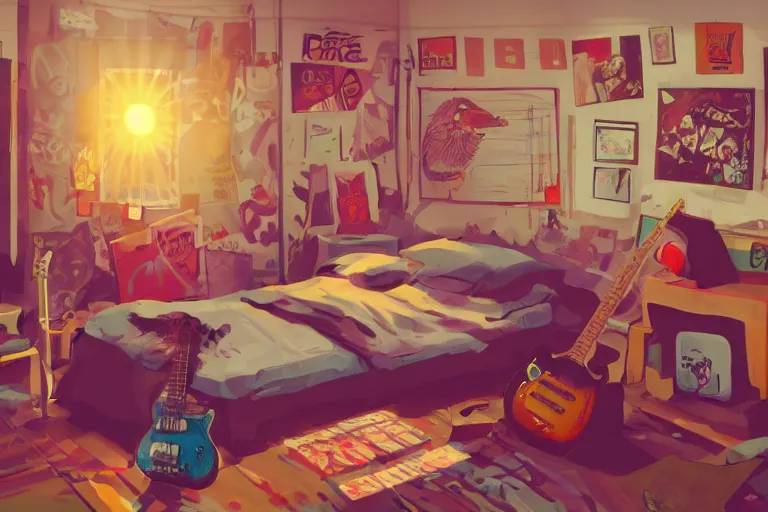 Image similar to a room of an american teen, graffiti and posters on the wall, bed, guitar, bright, the sun shines in, warm, cozy, isometric art, bright, artstation, highly detailed, cinematic lighting + masterpiece