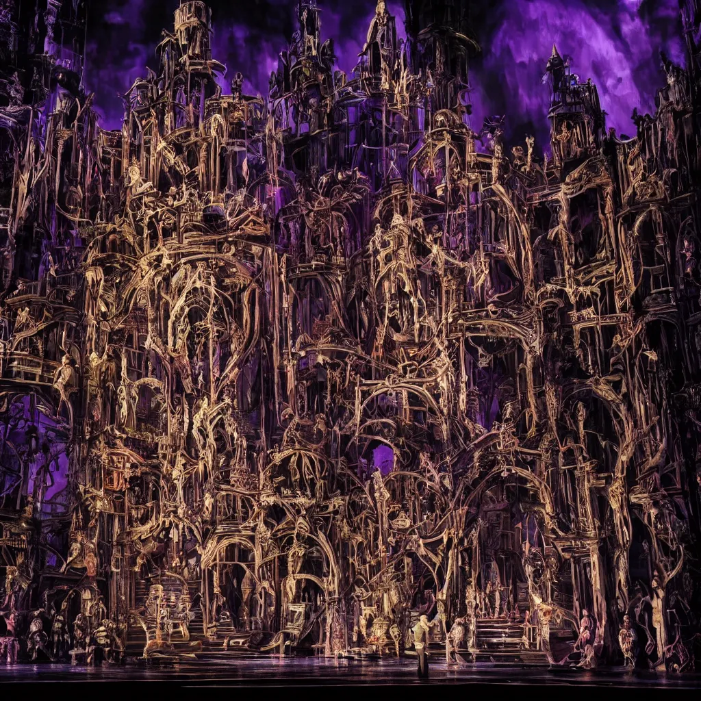 Image similar to photo, a highly - themed dramatic broadway musical set design with huge spectacle, dark and moody futuristic, a dark gothic psychedelic palace