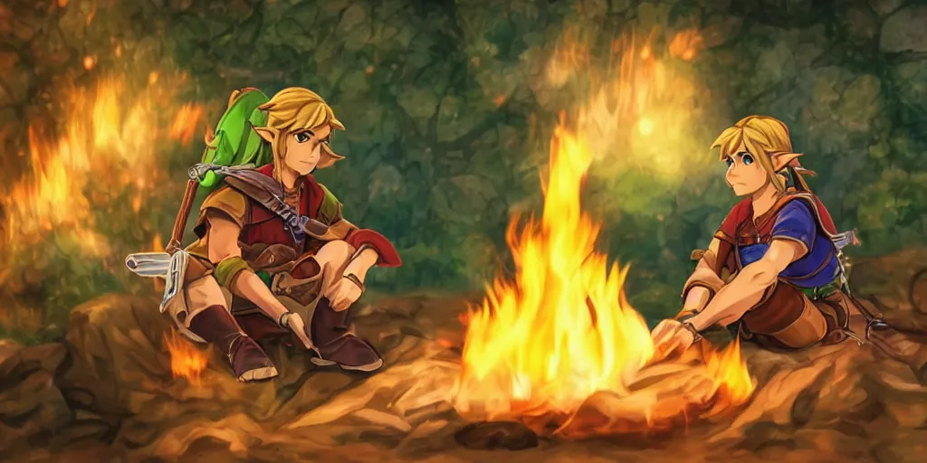 Prompt: Link the hero of time sits near the fire, night, detailed, beautiful, anime style