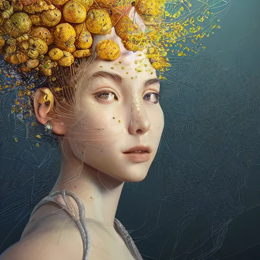 Image similar to the portrait of an absurdly beautiful, graceful, elegant, sophisticated, young teen girl made up of lemons looking up, an ultrafine hyperdetailed illustration by kim jung gi, irakli nadar, intricate linework, bright colors, octopath traveler, final fantasy, unreal engine 5 highly rendered, global illumination, radiant light, detailed and intricate environment