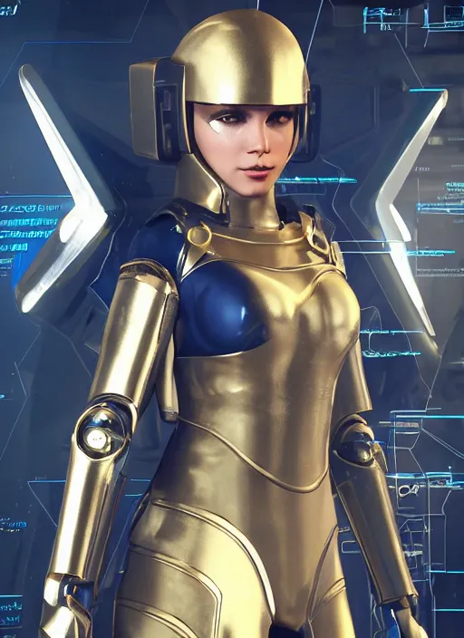 Prompt: female character / space traveller / proportional figure / delicate features / alluring / cyberpunk armor / navigator gear / gold and platin plated / dark blue background / poster style / ultra realistic / ultra detailed / volumetric light. unreal engine / 8 k