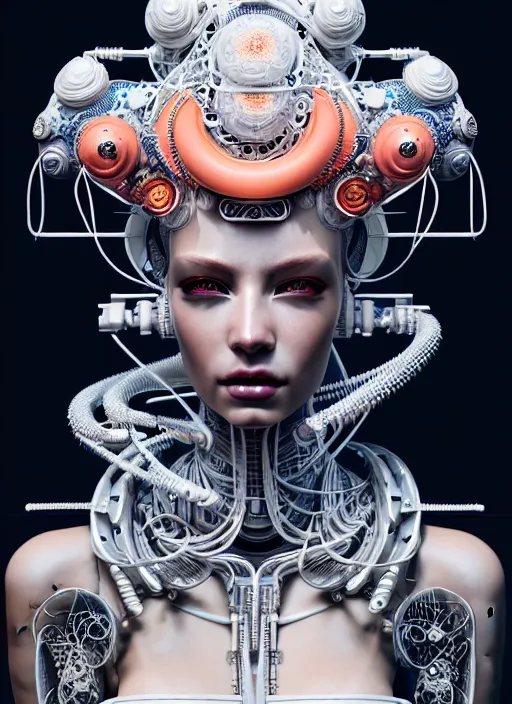 Image similar to portrait of an absurdly beautiful, graceful, sophisticated, fashionable cyberpunk mechanoid, hyperdetailed illustration by irakli nadar and alexandre ferra, intricate linework, white porcelain skin, faberge, coral headdress, unreal engine 5 highly rendered, global illumination, radiant light, detailed and intricate environment