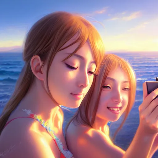 Image similar to beautiful serene intricate very detailed portrait of two anime girls taking a selfie in real life, smiling softly, relaxing on the beach, golden hour, soft focus, 8 k, art by irakli nadar, hyperrealism, hyperdetailed, ultra realistic