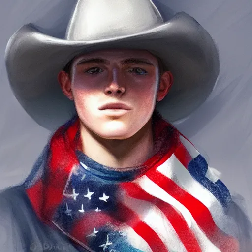 Prompt: a portrait of a teenager with a cowboy hat on with an American flag scarf, D&D, sci-fi, elegant, hopeful, muscular, highly detailed, digital painting, artstation, concept art, smooth, sharp focus, illustration