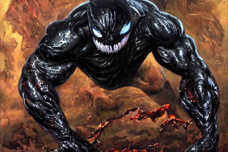 Image similar to a oil painting of dwayne johnson as venom the symbiote, oily, slimey, venom is covering him completely, black slime, drawn by frank frazetta
