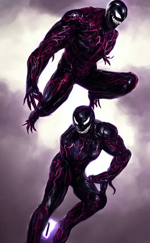 Image similar to venom in a venom inspired ironman suit, purple, black and red, dynamic lighting, photorealistic fantasy concept art, trending on art station, stunning visuals, terrifying, creative, cinematic