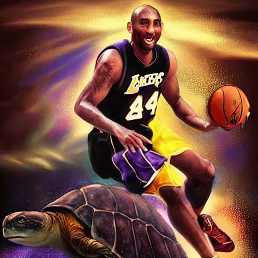 Prompt: kobe bryant riding on a turtle in heaven, amazing digital art, amazing detail, realistic face, fantasy art, artstatiom, cgsociety, epic art