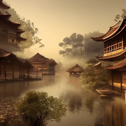 Image similar to old asian village, early sunlight, contrast shadows, mist, fog, water ripples, detailed, photorealistic, artstation, atmospheric, ambient