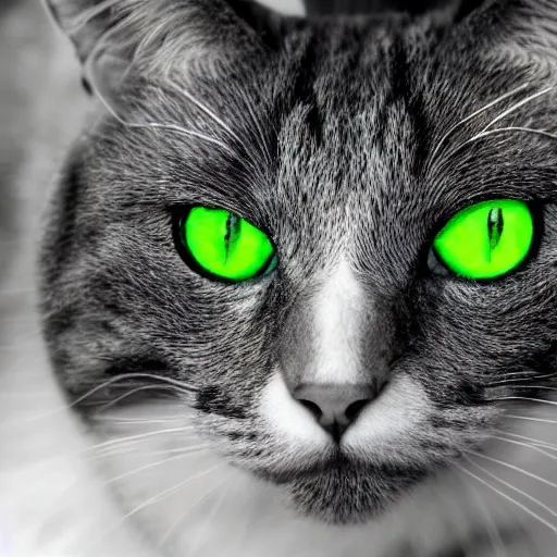 Prompt: a black and white cat highschool yearbook photo colorful bright green eyes, medium shot, hd, 8k, hyper-realism, detailed, octane 8k,