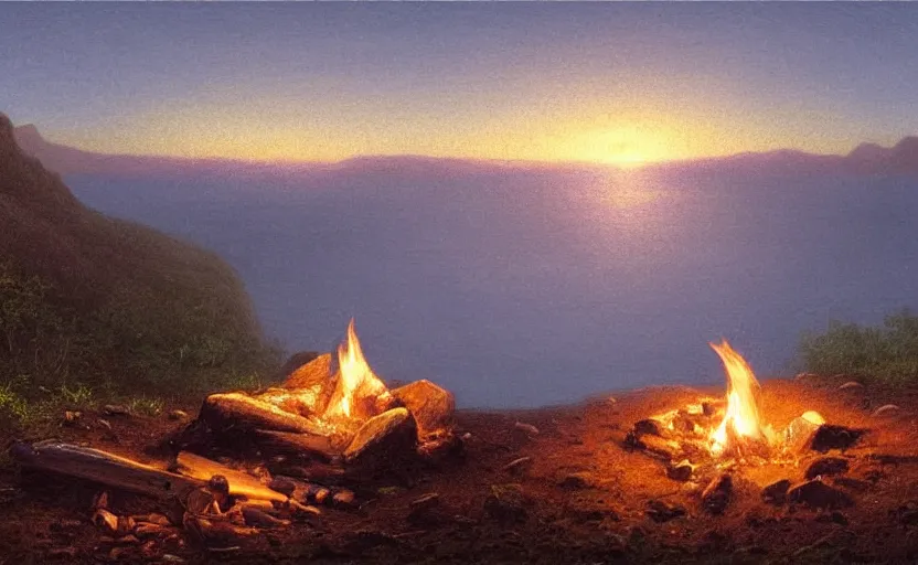 Prompt: small campfire on a hill overlooking the ocean, close up shot, at dusk, distant mountains, 4k, rule of thirds, extreme detail, hazy water, intricate ink illustration, trending on artstation, cgsociety, hd, calm, complimentary colours, realistic lighting, by Albert Bierstadt, Frederic Edwin Church.