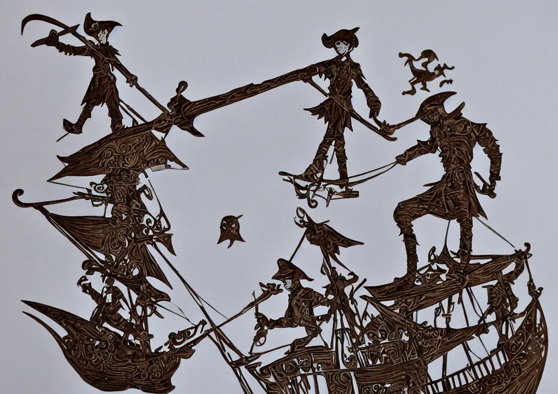 Image similar to a stylized cut paper sculpture of peter pan and captain hook sword fighting on a pirate ship