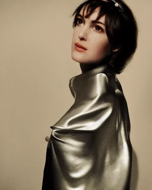 Prompt: young winona ryder wearing a futuristic metal kimono, half body portrait, greg kutkowski, sharp details, subsurface scattering, pearls of sweat, glistening skin, warm lighting