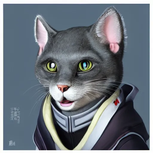 Image similar to Portrait painting an anthropomorphic gray cat smiling wearing a jacket and a collar, as an Overwatch character, medium shot, asymmetrical, profile picture, Organic Painting, sunny day, Matte Painting, bold shapes, hard edges, street art, trending on artstation, by Huang Guangjian and Gil Elvgren and Sachin Teng