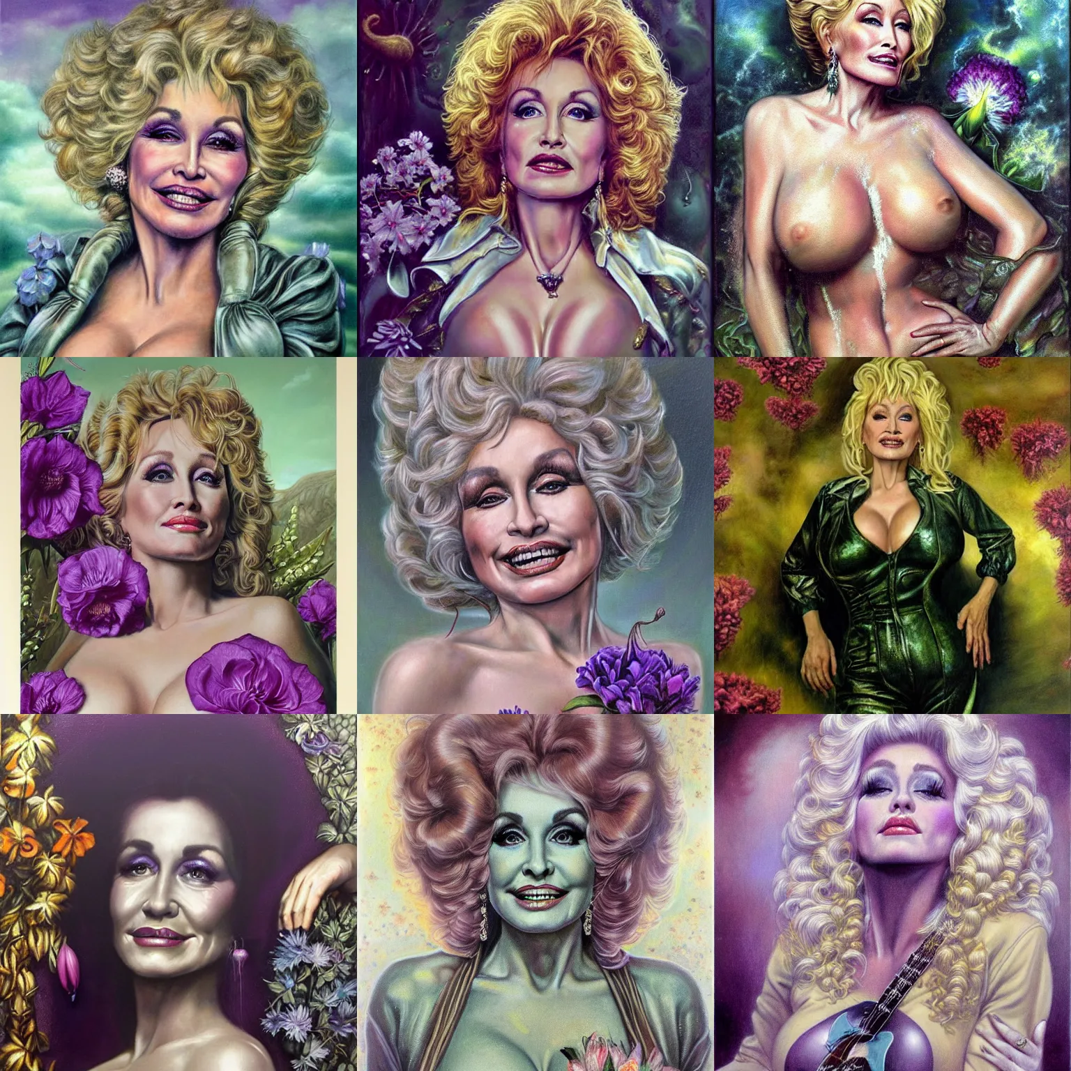 Prompt: hyper realistic portrait painting of dolly parton ( glistening, vixen, alluring, carnal ) wet, milk, flowers, clouds, nature, by saturno butto, boris vallejo, austin osman spare and david kassan, by bussiere. occult art, occult diagram, grey, violet, mint green, golden color scheme