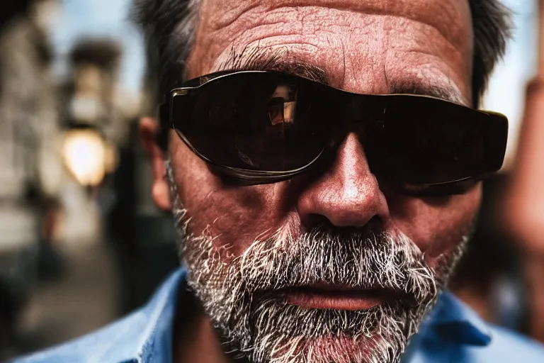 Prompt: closeup potrait of a man with sunglasses in a digital city, natural light, sharp, detailed face, magazine, press, photo, Steve McCurry, David Lazar, Canon, Nikon, focus