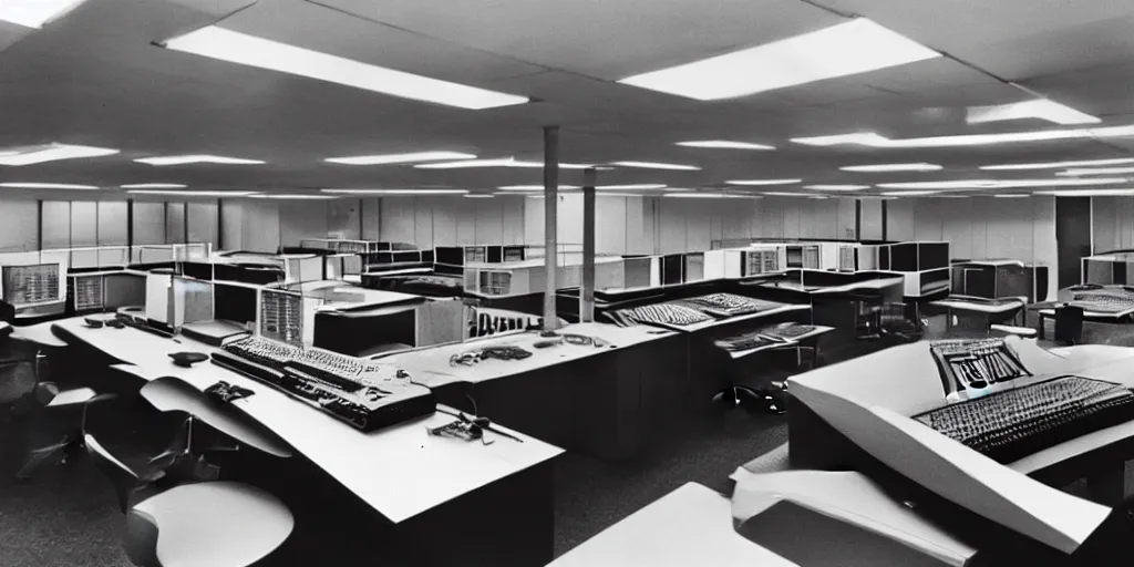 Image similar to a large 1970's computing room with 9-track machines and glowing screens. by IBM by Amdahl.