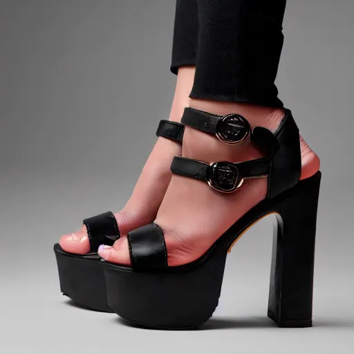 Image similar to woman's feet in black demonia chunky platform sandals, studio light, 8 k