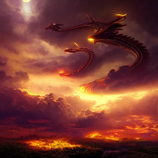 Image similar to golden eastern sky dragon, alien flowers, landscape wide shot, thunderstorm, unreal 5 render, digital art, octane render, beautiful composition, trending on artstation, award - winning photograph, masterpiece