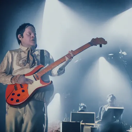 Image similar to Modest Mouse dressed like wizards playing a concert during the nuclear apocalypse, 4K, cinematic, hyperrealistic,